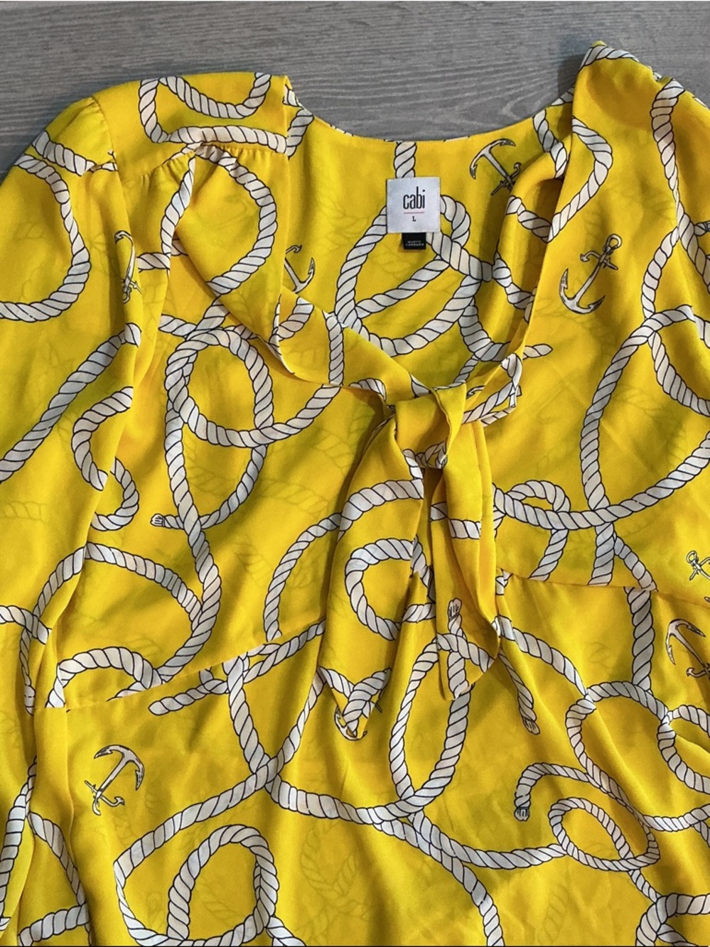 CAbi Yellow Rope & Anchor Tie-Neck Blouse Women’sll Sz Large 
100% polyester - Picture 3 of 5